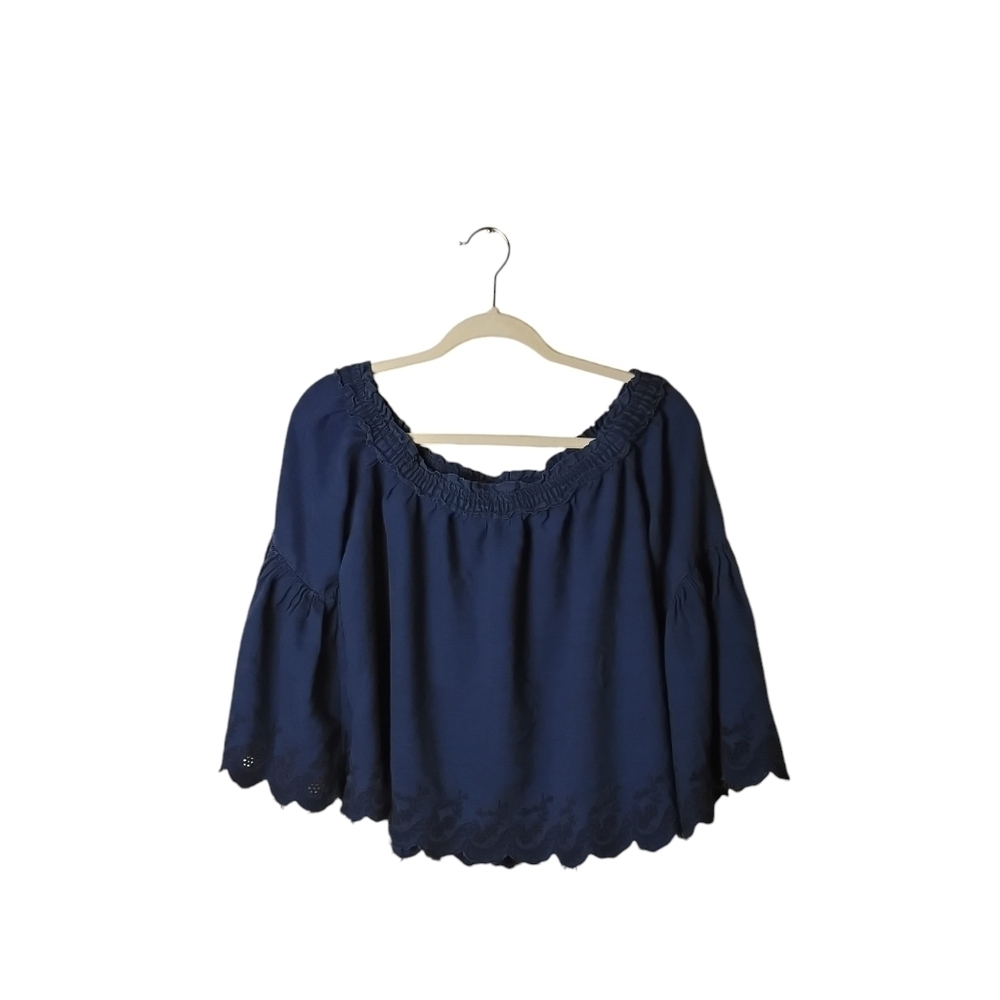 American Eagle Outfitters Women's Navy Off Shoulder Eyelet Elastic Top Size M - Picture 2 of 8